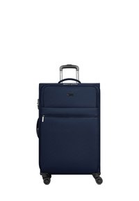 Valigia rigida blu navy con manico telescopico, quattro ruote girevoli, tasca frontale con zip e tessuto texture per una maggiore durabilità.