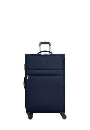 Valise rigide bleu marine avec une poignée télescopique, quatre roues pivotantes, une poche zippée à l'avant et un tissu texturé pour la durabilité.