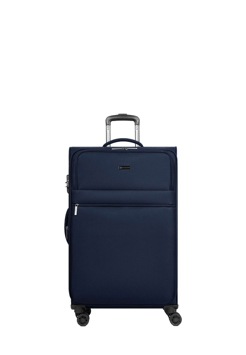Valigia rigida blu navy con manico telescopico, quattro ruote girevoli, tasca frontale con zip e tessuto texture per una maggiore durabilità.