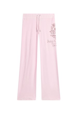 Lichtroze wijde joggingbroek met aantrekkoord in de taille en bruin Juicy Couture-logo en decoratief schild op de rechterdij.