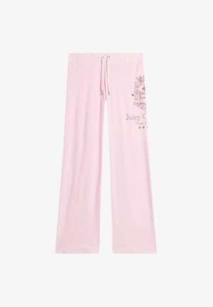 Lichtroze wijde joggingbroek met aantrekkoord in de taille en bruin Juicy Couture-logo en decoratief schild op de rechterdij.