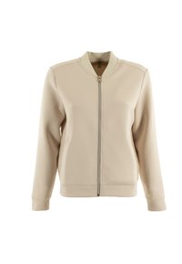 Giacca bomber beige realizzata in tessuto morbido, con chiusura a zip, colletto rotondo e polsini a coste. Design semplice e privo di decorazioni.