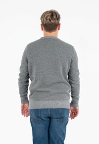 Maglione grigio a maglia con orlo e polsini a coste, dotato di maniche lunghe. Indossato con jeans di denim blu, visto da dietro.