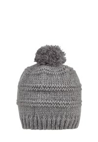 Gray knitted beanie hat with a textured pattern, featuring a fluffy pom-pom on top and a ribbed cuff. Soft yarn material.