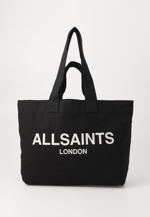 Borsa a tote nera in tela con due manici robusti, caratterizzata da un audace testo bianco "ALLSAINTS LONDON" sul davanti. Design rettangolare semplice.