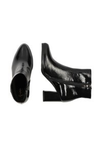 Ghete negre din piele lucioasă, la gleznă, cu fermoar lateral și toc pătrat, prezentate din unghiuri de sus și lateral pe un fundal alb.