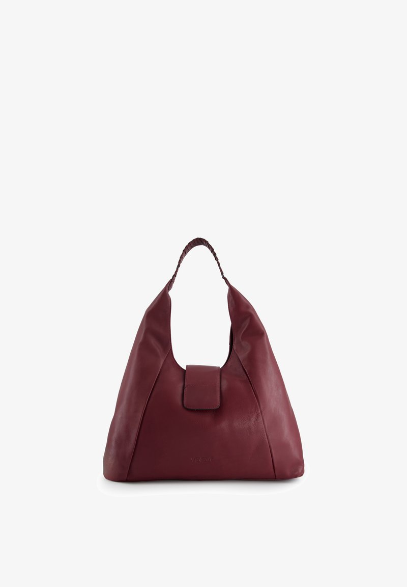 Bordeaux leren hobo tas met een brede, gebogen handgreep en een magneetsluiting. Zachte textuur met tonale stiksels en een reliëflogo-detail.