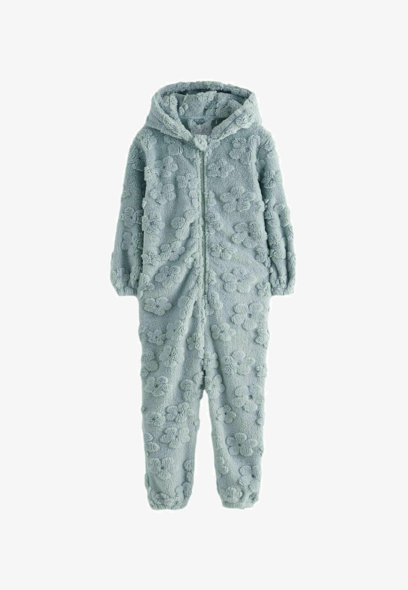 Light blue fleece onesie with a hood, featuring a textured floral pattern, long sleeves, and a front zipper closure. Soft and plush material.