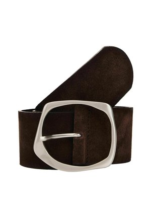 Rudas zomšinis diržas su dideliu, blizgiu sidabriniu kvadratinio formos sagtimi, pasižyminčia unikaliu dizainu ir lygiu paviršiumi. Kraštų siuvimas suteikia papildomų detalių.