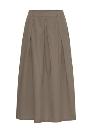 Falda midi marrón en línea A con pliegues, trabillas para cinturón y cintura ajustada, confeccionada con tela ligera.