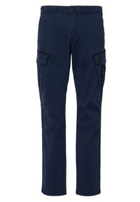 Granatowe spodnie cargo z lekkiej bawełny o prostym kroju, z dwoma bocznymi kieszeniami, zapięciem na guzik i kontrastującymi czarnymi akcentami.