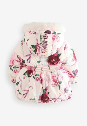 Padded pink children's coat with floral print, elastic waist, and faux fur hood trim. Features a logo on the back and ribbed cuffs.