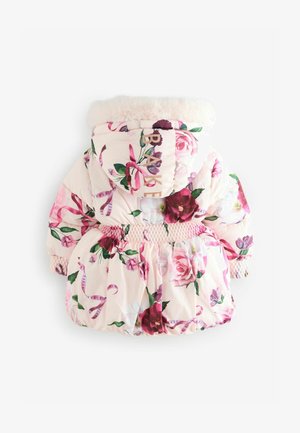 Padded roza plašček za otroke s cvetličnim vzorcem, elastičnim pasom in umetnim krznom na kapuci. Ima logo na hrbtu in rebraste manšete.