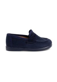 Navyblaue Wildlederschlupfschuhe mit gestickten Details, runder Zehenpartie und einer niedrigen Gummisohle. Die weiche Textur erhöht den Komfort und die Passform.