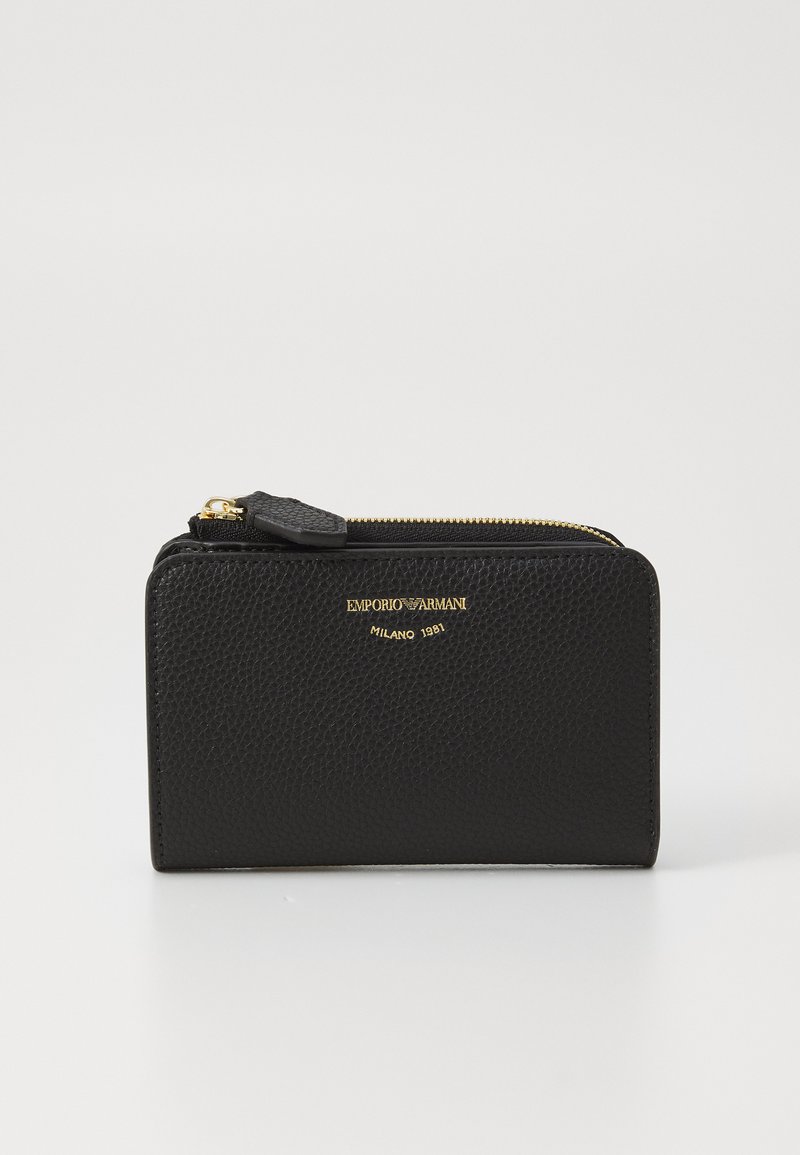 Black leather wallet featuring textured finish, zip closure, and gold-tone logo detailing. Compact rectangular shape with a minimalist design.