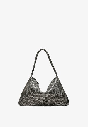 Grå vævet håndtaske med en triangulær form, der har en enkelt strop og en tekstureret overflade, lynlås-lukning og et jævnt mønster gennem hele.