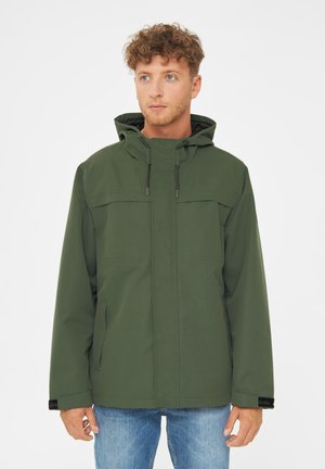 Green hooded jacket with a textured surface, two front pockets, and black drawstrings. Paired with light blue jeans.