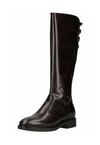 Botte marron en cuir montant avec une finition lisse, bout rond, petit talon et laçage décoratif sur le côté extérieur.
