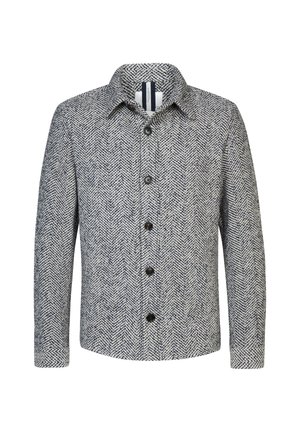 Wool herringbone jacket in grey and navy with a button-up front, point collar, and textured finish. Features dark buttons and two side pockets.