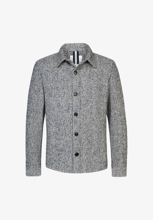 Grijze en marineblauwe wollen herringbone jas met een knoopsluiting aan de voorkant, puntige kraag en een gestructureerde afwerking. Voorzien van donkere knopen en twee zijzakken.