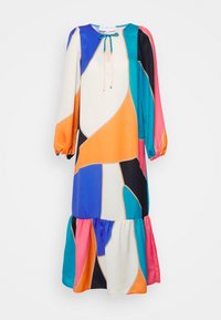 Robe midi à manches longues avec des blocs de couleurs abstraits en orange, bleu, sarcelle, rose, noir et blanc, avec un ourlet froncé et des liens au niveau de l'encolure.