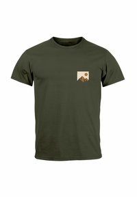 Olive green cotton t-shirt featuring a chest pocket print of mountains and a sun in earthy tones. Crew neck with short sleeves.