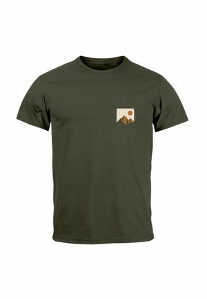 Olive green cotton t-shirt featuring a chest pocket print of mountains and a sun in earthy tones. Crew neck with short sleeves.