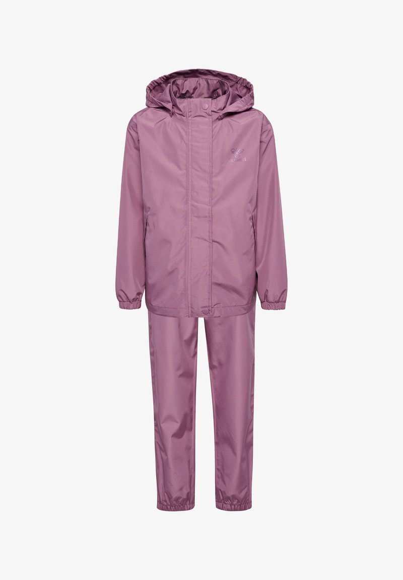 Waterdichte twee-delige regenpak in zacht lavendel, met een verstelbare capuchon, elastische manchetten en een ritsjack met bijpassende broeken.