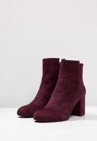 Bottines en suède bordeaux avec un bout rond, un talon carré de hauteur moyenne et une fermeture à glissière sur le côté. Texture lisse, design minimaliste.