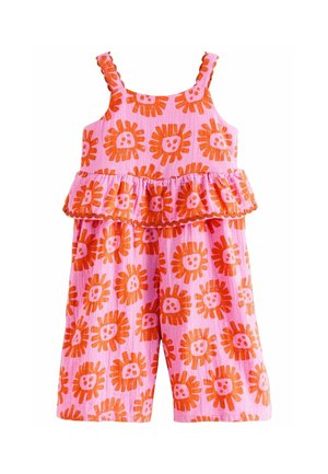 Lyserød ærmeløs kortærmet dragt med flæser i taljen, dekoreret med et orange abstrakt blomsterprint.