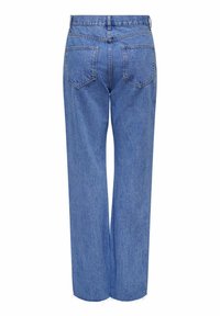 Szerokie niebieskie dżinsy, z wysokim stanem, dwiema tylnymi kieszeniami i postrzępionym dołem. Klasyczny pięcio-kieszeniowy fason z lekko wyblakłą strukturą.