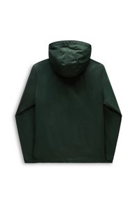 Ciemnozielona wodoodporna kurtka z kapturem, gładka w dotyku, z długimi rękawami i dopasowanym krojem. Bez widocznych elementów metalowych ani kieszeni.