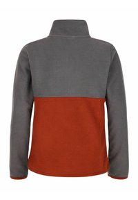 Veste en polaire avec une partie supérieure grise et une partie inférieure orange. Col montant et manches longues avec des coutures plates pour plus de confort.