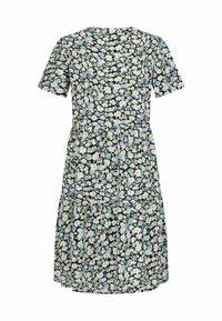 Květinové šaty s černým pozadím, krátkými rukávy a úzkým pasem. Mají modré a bílé květinové vzory a volánkovou sukni.