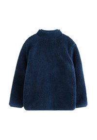 Navyblauer Fleece-Pullover mit hohem Kragen, strukturiertem, flauschigem Äußeren, überschnittenen Schultern und geradem Schnitt am Saum. Keine sichtbaren Verschlüsse.