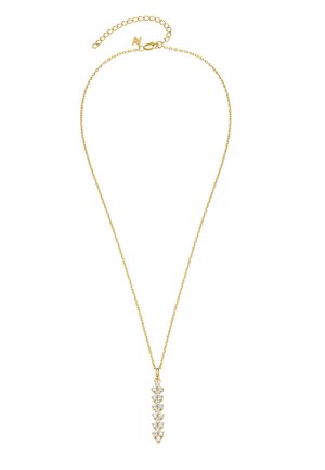 Gold chain necklace with a vertical pendant featuring a row of round, clear gemstones in a symmetrical design.