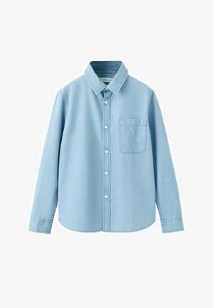 Hellblaues, langärmliges Hemd mit Knöpfen, einem Kragen und einer einzelnen Brusttasche, aus Denim oder ähnlichem Stoff gefertigt.