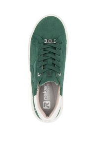 Green suede sneaker with white rubber sole. Features lace-up design and a gray insole with "Rieker EVOLUTION SOFT" branding.
