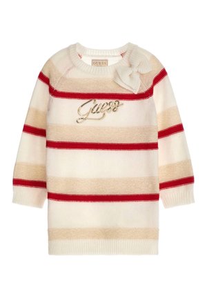 Pull en tricot blanc avec des rayures alternées beige et rouge. Comprend un accent de nœud sur l'épaule gauche et un logo brodé.