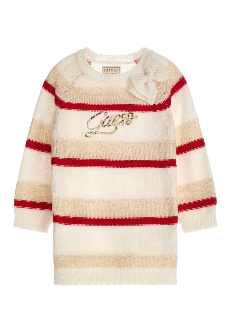Pull en tricot blanc avec des rayures alternées beige et rouge. Comprend un accent de nœud sur l'épaule gauche et un logo brodé.