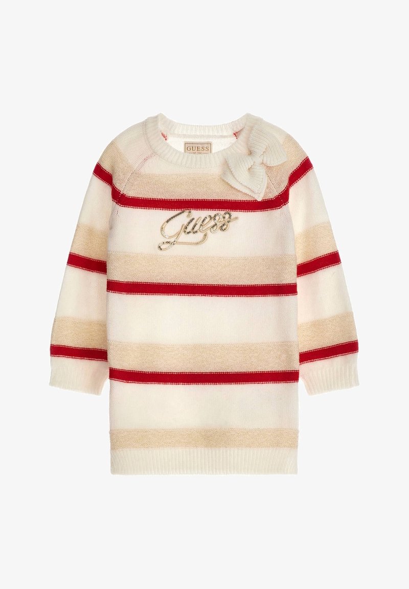 Pull en tricot blanc avec des rayures alternées beige et rouge. Comprend un accent de nœud sur l'épaule gauche et un logo brodé.