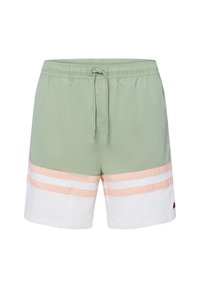 Pantalones de baño verdes con una cintura elástica, cordón y rayas horizontales en rosa y blanco. Material ligero con una textura suave.