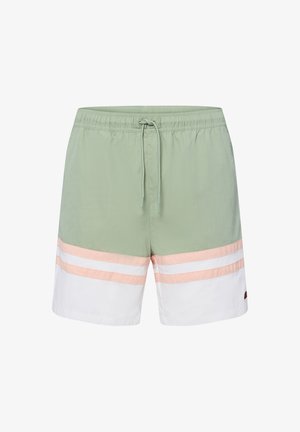 Pantalones de baño verdes con una cintura elástica, cordón y rayas horizontales en rosa y blanco. Material ligero con una textura suave.