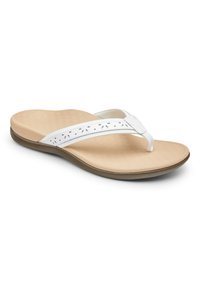 White flip-flop sandal with a textured, cushioned beige footbed and decorative cut-out design on the strap. Rubber sole for traction.