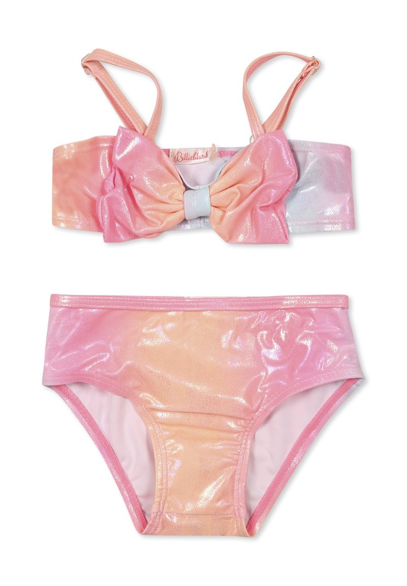 Costume da bagno a due pezzi con un design lucido a gradiente nei colori rosa e pesca, caratterizzato da un ampio fiocco sul top e da un fondo coordinato.