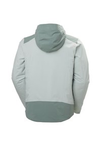 Lichte, tweekleurige jas, lichtgrijs met donkergroene accenten. Beschikt over een capuchon, een gladde textuur en een gestroomlijnd ontwerp zonder zichtbare sluitingen.