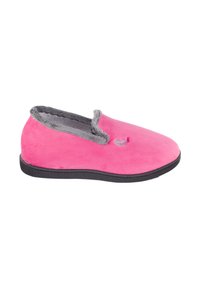 Zapatilla de ante rosa con forro de pelo sintético gris, puntera redonda, suela negra plana y detalle bordado decorativo en la parte frontal.