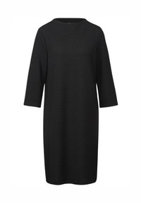 Schwarzes Kleid mit lockerer Passform, Dreiviertelärmlen, rundem Ausschnitt, strukturiertem Stoff und knielangem Design.