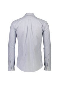 Randig långärmad skjorta i ljusblått och vitt, med klassisk krage och knappmanschetter. Slät tyg med vertikala ränder.