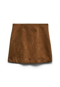 Bruine suède mini-jurk met een gladde textuur, voorzien van verticale naden en een eenvoudige zoom. Geen zichtbare hardware of patronen.